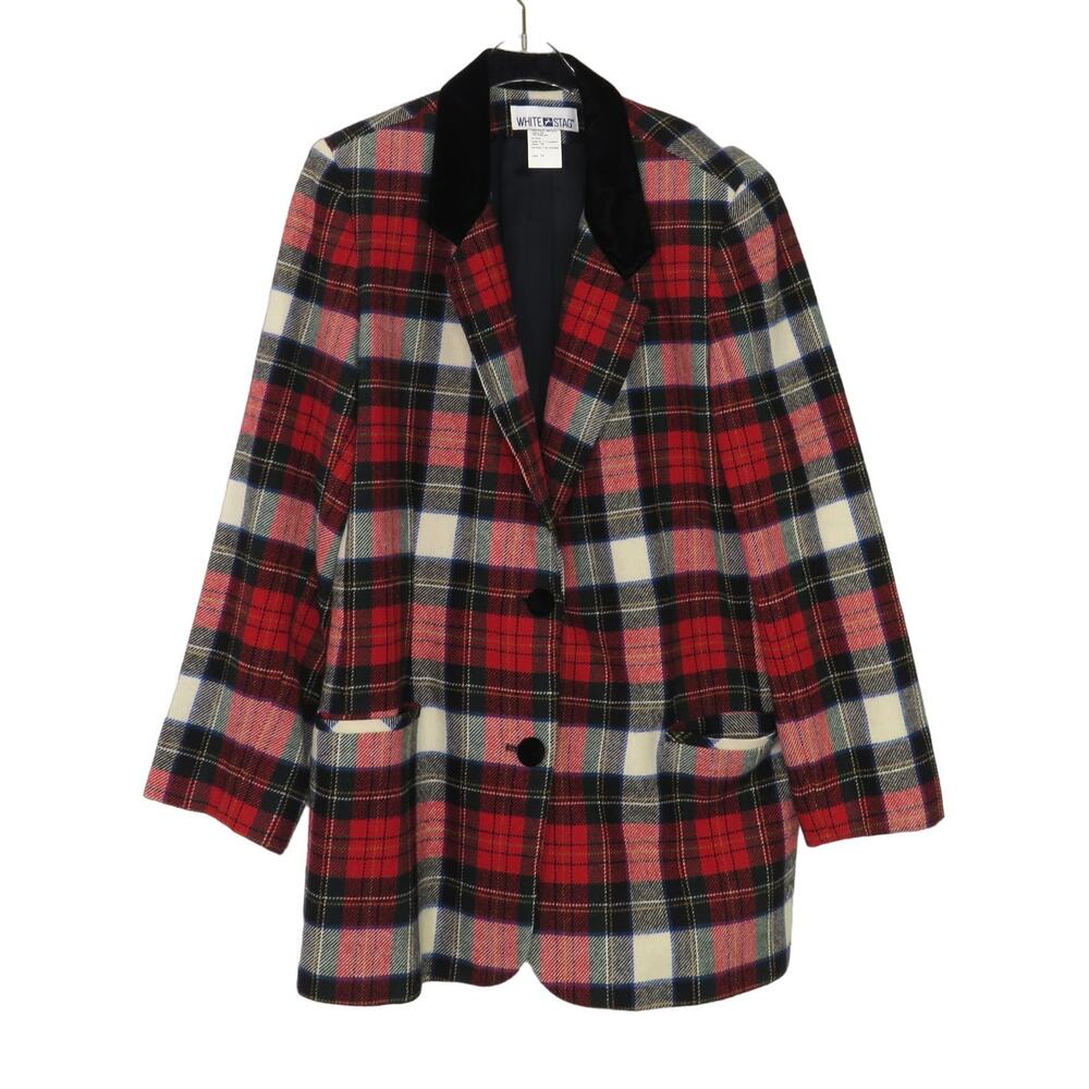 90s White Stag Vintage Black & Red Plaid Wool Blazer Jacket Extra Large